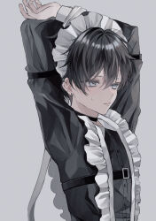  1boy absurdres apron arms_behind_head arms_up belt black_hair black_shirt blue_eyes choker commentary crossdressing ear_piercing earrings frilled_apron frills highres jewelry long_sleeves maid maid_headdress male_focus male_maid original piercing shirt short_hair simple_background single_earring solo sosaku_25 spiked_ear_piercing sweat translated white_background 