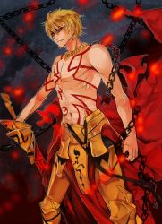  1boy armor blonde_hair chain ea_(fate/stay_night) enkidu_(weapon)_(fate) fate/hollow_ataraxia fate/stay_night fate_(series) gilgamesh_(fate) jewelry male_focus necklace red_eyes sesame_ange topless_male solo tattoo weapon 
