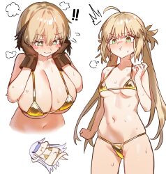  ! !! 3girls :t artoria_caster_(fate) artoria_pendragon_(fate) bikini black_hair blonde_hair blush_stickers breast_envy breasts cleavage ebora fate/grand_order fate_(series) gareth_(fate) gold_bikini green_eyes hair_flaps hands_on_own_cheeks hands_on_own_face highres large_breasts long_hair low_twintails melusine_(fate) multiple_girls navel pout puff_of_air short_hair small_breasts sweat swimsuit twintails 