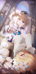 2girls absurdres barbara_(genshin_impact) bdsm blonde_hair blue_eyes blush bondage bound commentary_request cup detached_collar detached_sleeves dress drill_hair drinking_glass english_text feet flower from_below full_body genshin_impact grin hair_flower hair_ornament highres holding holding_cup icecake indoors long_hair long_sleeves looking_at_another lumine_(genshin_impact) lying multiple_girls no_shoes on_back pantyhose parted_lips petals pouring pouring_onto_self restrained smile soles strapless strapless_dress toes twin_drills twintails white_dress white_flower white_legwear rating:Questionable score:119 user:danbooru