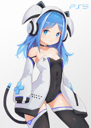  1girl absurdres bare_shoulders black_leotard black_thighhighs blue_eyes blue_hair breasts choker cleavage closed_mouth commentary covered_navel cowboy_shot detached_sleeves female_focus game_console gradient_background grey_background headphones highres kobi_(piliheros2000) leotard logo long_hair long_sleeves looking_at_viewer off_shoulder original parted_bangs personification playstation_5 sleeves_past_fingers sleeves_past_wrists small_breasts smile solo standing strapless strapless_leotard tail thighhighs white_sleeves wide_sleeves  rating:Sensitive score:13 user:danbooru
