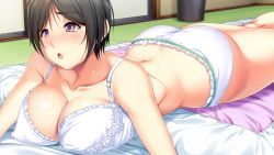 1girl ass black_hair blush bra breast_rest breasts cleavage indoors kneepits large_breasts lying on_stomach open_mouth panties purple_eyes short_hair solo sweat tatami thighs underwear white_bra white_panties rating:Explicit score:16 user:assjob