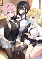  3girls :d absurdres banknote bed bedroom black_hair black_jacket black_mask black_pantyhose black_thighhighs blonde_hair blue_eyes blue_hair blue_necktie blush bracelet breast_press breasts cardigan character_request closed_mouth colored_inner_hair commentary_request copyright_request cross cross_earrings earrings eyes_visible_through_hair green_eyes hair_bun hand_up highres holding holding_money indoors jacket jewelry knees_together_feet_apart large_breasts long_hair looking_at_viewer loose_necktie mask microskirt money mouth_mask multicolored_hair multiple_girls necklace necktie official_art on_bed open_clothes open_jacket open_mouth oryo_(oryo04) pantyhose parted_lips pink_eyes pink_hair pleated_skirt school_uniform second-party_source semi-rimless_eyewear shiny_skin shirt short_hair side-by-side single_side_bun sitting skirt smile streaked_hair symmetrical_docking thighhighs thighs white_shirt 