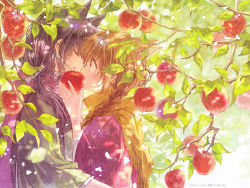  2girls animal_ears apple apple_tree artist_name black_hair blush braid brown_eyes brown_hair covered_mouth dappled_sunlight day closed_eyes face-to-face floral_print food fox_ears fringe_trim from_side fruit gouhou_yuri_fuufu_hon holding holding_food holding_fruit itou_hachi japanese_clothes kimono long_hair looking_at_another low_ponytail multiple_girls petals red_scarf scarf shawl sunlight tree upper_body yuri 