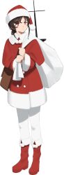  1girl bag boots braid brown_hair dress full_body fur-trimmed_boots fur-trimmed_dress fur-trimmed_headwear fur_trim hat kantai_collection long_hair looking_to_the_side machinery messenger_bag official_alternate_costume official_art orange_eyes red_dress red_footwear red_headwear sack santa_costume santa_hat shibafu_(glock23) shoulder_bag single_braid solo souya_(kancolle) third-party_source transparent_background 