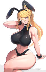  1girl abs absurdres animal_ears arm_behind_head artist_name bad_anatomy biceps bikini blonde_hair blue_eyes blush bow bowtie breasts cleavage crop_top crossed_legs curvy deep_cleavage deltoids fake_animal_ears gonzarez hairband highleg highleg_panties highleg_thong highres impossible_clothes large_breasts long_hair looking_at_viewer metroid mole mole_under_mouth muscular muscular_arms muscular_female muscular_legs narrow_waist nintendo nontraditional_playboy_bunny one_eye_closed panties parted_lips pinup_(style) ponytail rabbit_ears revision samus_aran sideboob signature sitting skin_tight solo swimsuit thick_thighs thighs thong_bikini triceps twitter_username underwear wide_hips wrist_cuffs  rating:Sensitive score:34 user:SalDWow