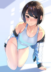 1girl absurdres backlighting bare_shoulders blush breasts brown_eyes brown_hair closed_mouth collarbone competition_swimsuit highleg highleg_swimsuit highres jacket kagematsuri kneeling leaning_forward looking_at_viewer medium_breasts mole mole_under_eye off_shoulder one-piece_swimsuit open_clothes open_jacket original short_hair smile solo swept_bangs swimsuit thighs white_jacket white_one-piece_swimsuit rating:Sensitive score:38 user:danbooru