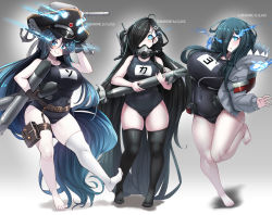  3girls absurdly_long_hair absurdres abyssal_ship barefoot black_legwear blue_eyes blue_hair breasts character_name covered_navel hair_over_one_eye hat highres hood hooded_jacket jacket ka-class_submarine kantai_collection konoshige_(ryuun) large_breasts long_hair looking_at_viewer multiple_girls one-piece_swimsuit single_leg_pantyhose single_thighhigh smile so-class_submarine swimsuit thighhighs torpedo turret very_long_hair white_legwear yo-class_submarine 