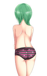 1girl absurdres ass back from_behind highres mochizuki_hull nape panties panties_day panties_only shiki_eiki short_hair simple_background solo striped_clothes striped_panties topless touhou underwear underwear_only white_background rating:Questionable score:17 user:danbooru