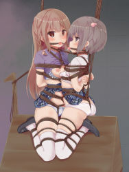  2girls arms_behind_back bdsm bondage bound bound_together bra bra_pull clothes_lift clothes_pull crotch_rope face-to-face forced forced_partners frogtie full_body hamuta_(machosbrown) highres loli long_hair looking_at_another multiple_girls original panties ribbon_panties rope_gag shirt_lift shoes short_hair short_sleeves skirt skirt_lift thighhighs tongue tongue_out underwear wooden_horse yuri  rating:Questionable score:140 user:Username7