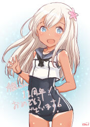  1girl anniversary blonde_hair blue_background blue_eyes blush cowboy_shot crop_top flower fuji_(pixiv24804665) gradient_background hair_flower hair_ornament kantai_collection long_hair looking_at_viewer one-piece_swimsuit one-piece_tan open_mouth ro-500_(kancolle) sailor_collar school_swimsuit school_uniform serafuku signature smile solo swimsuit swimsuit_under_clothes tan tanline 