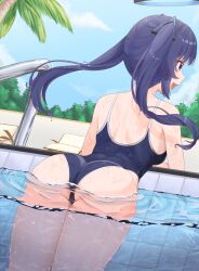  1girl absurdres ass back bad_perspective black_one-piece_swimsuit blue_archive blue_eyes fence hair_ornament halo highres jiu_wei_maao long_hair mechanical_halo one-piece_swimsuit open_mouth outdoors palm_tree partially_submerged pool poolside school_swimsuit shoulder_blades sidelocks smile solo swimsuit teeth thighs tree twintails upper_teeth_only wet yuuka_(blue_archive) 