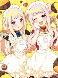  2girls :3 :p apron black_gloves blonde_hair blue_hair blue_nails blue_shirt blush bracelet character_name chocolate chocolate_covered closed_mouth cowboy_shot double_bun dress fang finger_to_cheek fingerless_gloves food food_on_face frilled_apron frills gloves gold_trim hair_bun hair_flaps hand_up hayamaro65 heart high_collar highres himehina_channel holding holding_food holding_spatula index_finger_raised jewelry long_hair looking_at_viewer maid_apron maid_headdress mandarin_collar multicolored_hair multiple_girls nail_polish one_eye_closed open_mouth orangette pie pink_hair pink_nails purple_eyes red_dress red_hair shirt short_sleeves sidelocks simple_background sleeveless smile spatula streaked_hair suzuki_hina tanaka_hime tongue tongue_out virtual_youtuber white_apron yellow_background 