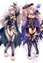  1girl armor armored_leotard armpits arms_up bed_sheet black_armor black_gloves black_hairband blonde_hair blue_cape breasts cape chaps cleavage corrin_(female)_(fire_emblem) corrin_(female)_(nohr_noble)_(fire_emblem) corrin_(fire_emblem) dakimakura_(medium) dragonstone feet fire_emblem fire_emblem_fates fire_emblem_heroes gloves hairband hakuramen highres knees_together_feet_apart looking_at_viewer lying multiple_views nintendo no_shoes official_alternate_costume on_back pointy_ears purple_cape slit_pupils smile stirrup_legwear toeless_legwear toenails toes unworn_armor 