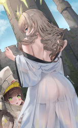  2girls absurdres ass back bare_shoulders blush brown_hair chime_(nikke) commentary crown_(naked_king)_(nikke) crown_(nikke) day elvandec english_commentary from_behind goddess_of_victory:_nikke green_eyes highres long_hair long_sleeves looking_at_another looking_at_viewer looking_back multiple_girls naked_robe off_shoulder official_alternate_costume outdoors parted_lips robe see-through symbol-shaped_pupils thighs twitter_username white_robe  rating:Questionable score:37 user:danbooru