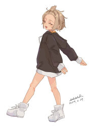 1girl :d bangs_pinned_back black_hoodie blush closed_eyes dated drawstring eyelashes from_side full_body hood hood_down hoodie legs light_brown_hair maze_(gochama_ze_gohan) open_mouth original shoes short_hair signature simple_background smile solo topknot turning_head walking white_background white_footwear 