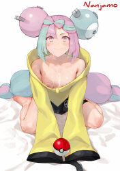  1girl armpit_hair barefoot blue_hair blush body_writing breasts character_name closed_mouth collarbone creatures_(company) cum facial feet game_freak highres iono_(pokemon) jacket laserflip long_hair looking_at_viewer multicolored_eyes multicolored_hair nintendo nipple_piercing nipples piercing pink_hair poke_ball pokemon pokemon_sv sitting sleeves_past_fingers sleeves_past_wrists small_breasts smile solo stray_pubic_hair sweat twintails two-tone_hair very_long_hair wariza white_background yellow_jacket  rating:Explicit score:183 user:danbooru