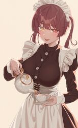  1girl :d absurdres alternate_costume apron blush breasts cup enmaided fang frills heterochromia highres holding holding_cup holding_plate holding_teapot hololive houshou_marine large_breasts long_hair long_sleeves looking_at_viewer maid maid_apron maid_headdress o-los open_mouth plate pouring red_eyes red_hair simple_background smile solo teacup teapot twintails virtual_youtuber yellow_eyes 
