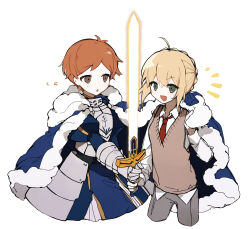 1boy 1girl :o ahoge armor artoria_pendragon_(all) artoria_pendragon_(fate) blonde_hair blue_cape blue_dress blue_sleeves braid breastplate brown_eyes brown_vest cape collared_shirt commentary_request cosplay costume_switch cropped_legs crossdressing crossover crown_braid danganronpa_(series) danganronpa_another dated_commentary dress fate_(series) faulds flying_sweatdrops frilled_dress frills fur-trimmed_cape fur_trim gauntlets green_eyes grey_pants highres holding holding_sword holding_weapon juliet_sleeves long_sleeves looking_at_object maeda_yuki necktie notice_lines open_mouth orange_hair pants puffy_sleeves red_necktie saber_(fate) shared_cape shared_clothes shirt short_hair simple_background smile sweater_vest sword uyu_(pixiv_92484260) v-neck vest weapon white_background white_shirt white_sleeves