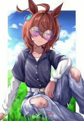  1girl agnes_tachyon_(umamusume) ahoge animal_ears belt black_shirt blue_eyes blue_sky border cloud cloudy_sky commentary_request denim earrings feet_out_of_frame grass hair_between_eyes highres horse_ears horse_girl jeans jewelry knees long_sleeves looking_at_viewer official_alternate_costume on_grass on_ground outdoors pants peperoncino-sama purple-tinted_eyewear red_eyes round_eyewear shirt single_earring sitting sky smile solo sunglasses tinted_eyewear torn_clothes torn_jeans torn_pants umamusume white_belt white_border white_shirt 