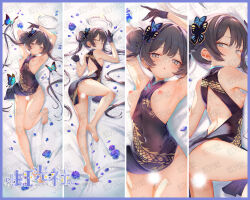  1girl armpits arms_up ass back_cutout barefoot bent_over between_breasts black_dress black_gloves black_hair blue_archive breasts breasts_out bug butterfly butterfly_hair_ornament china_dress chinese_clothes clothes_lift clothing_cutout commentary covered_navel dakimakura_(medium) dot_nose double_bun dragon_print dress dress_lift flower full_body gloves grabbing_another&#039;s_hair grey_eyes grey_halo hair_bun hair_ornament halo highres image_sample insect kisaki_(blue_archive) kneepits light_blush light_censor looking_at_viewer looking_back lying multiple_views nipples no_bra no_panties on_back on_stomach pelvic_curtain perky_breasts petals print_dress purple_flower short_dress side_slit sidelocks sleeveless sleeveless_dress small_breasts soles solo sxbzero thighs top-down_bottom-up twintails watermark 