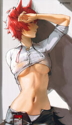 1girl arknights arm_up breasts commentary fiammetta_(arknights) highres id_card large_breasts lufi_ays midriff navel open_fly panties pointy_hair red_eyes red_hair shirt short_hair solo stomach underboob underwear upper_body white_panties white_shirt rating:Questionable score:20 user:danbooru