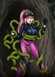 1girl absurdres breasts gloves goggles goggles_on_head green_eyes highres injuotoko large_breasts long_hair open_mouth original pants pink_hair ponytail second-party_source shirt tentacles tree  rating:Sensitive score:3 user:CharlieBubblegum