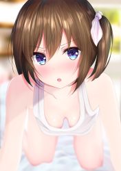  1girl all_fours bare_shoulders blurry blurry_background blush bow breasts brown_hair downblouse eyes_visible_through_hair hair_bow hanging_breasts highres looking_at_viewer medium_breasts mito_ichijyo multicolored_eyes no_bra open_mouth original shirt short_hair side_ponytail solo tank_top 