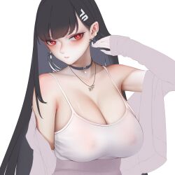  1girl absurdres bare_shoulders black_hair blue_archive blush choker covered_erect_nipples earrings highres hime_cut jewelry long_hair looking_at_viewer necklace parted_lips red_eyes rio_(blue_archive) simple_background sleeves_past_wrists solo tank_top unfinished von.franken white_background 
