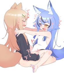  1boy 1girl animal_ear_fluff animal_ears bare_arms bare_shoulders black_cardigan blonde_hair blue_eyes blue_hair blush borrowed_character bottomless cardigan commentary_request fang fox_ears fox_tail foxx-chan_(foxxre) from_side hair_ornament hairclip hands_on_another&#039;s_shoulders heart heart-shaped_pupils hetero heterochromia highres implied_ejaculation konatsu_(owasaki) leg_grab long_hair moaning multicolored_hair nail_polish one-piece_swimsuit open_mouth original outstretched_arms owasaki purple_nails sex simple_background skin_fang sound_effects spread_legs straddling streaked_hair swimsuit symbol-shaped_pupils tail thick_eyebrows toenail_polish toenails trap two-tone_hair upright_straddle variant_set white_background white_one-piece_swimsuit yellow_eyes 