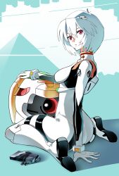 1girl arm_support artist_request ass ayanami_rei blue_hair bodysuit breasts curvy eva_00 expressionless eyebrows female_focus full_body helmet huge_ass looking_at_viewer looking_back neon_genesis_evangelion red_eyes shiny_clothes short_hair simple_background sitting solo white_bodysuit wide_hips