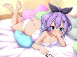 1girl aqua_eyes ass azur_lane bare_arms bare_legs barefoot bed bed_sheet breasts butt_crack cellphone cleavage closed_mouth collarbone cushion ether_core feet full_body hair_between_eyes hair_ornament hair_ribbon highres javelin_(azur_lane) legs_up looking_at_viewer lying medium_hair mixed-language_commentary musical_note on_bed on_stomach panties phone pillow purple_hair ribbon skindentation sleepwear small_breasts smartphone smile soles solo thighs toes underwear white_panties x_hair_ornament rating:Sensitive score:321 user:danbooru