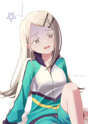 1girl :o @_@ arm_support bare_legs earrings feet_out_of_frame gakuen_idolmaster glint gradient_hair green_shorts grey_hair hair_ornament hairpin head_tilt highres idolmaster jacket jewelry knee_up light_brown_hair long_hair multicolored_hair partially_unzipped shinosawa_hiro shorts simple_background sitting solo star_(symbol) stud_earrings track_jacket twitter_username usagichama very_long_hair white_background 