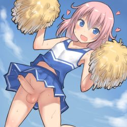  1boy aaaa_(quad-a) armpits bad_id bad_pixiv_id blue_eyes blush cheerleader cloud crossdressing day decensored dutch_angle erection exhibitionism heart highres long_hair looking_at_viewer male_focus miniskirt no_panties open_mouth original outdoors penis pink_hair pom_pom_(cheerleading) precum public_indecency shota skirt sky smile solo standing sweat sweatdrop testicles third-party_edit trap uncensored upskirt  rating:Explicit score:493 user:imaginarythreat