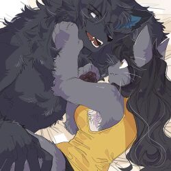  1boy 1girl animal_ears animal_hands bed_sheet black_fur black_hair blue_eyes body_fur cat_ears cat_girl closed_mouth commentary_request couple dog_boy dog_ears fangs fangs_out furry furry_female furry_male grey_fur hand_on_another&#039;s_face hand_on_another&#039;s_thigh hetero highres long_hair looking_at_another lying on_bed on_side open_mouth original rata_(norahasu) smile tank_top upper_body whiskers yellow_tank_top 