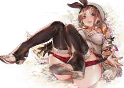 1girl aoin ass atelier_(series) atelier_ryza atelier_ryza_1 belt boots bridal_legwear brown_belt brown_gloves commentary_request flask floral_background gloves hair_ornament hairclip halterneck highres jacket jewelry leather leather_gloves necklace on_ass panties panty_pull pouch red_shorts reisalin_stout short_shorts shorts single_glove sleeveless sleeveless_jacket solo star_(symbol) star_necklace thick_thighs thigh_pouch thighs toeless_footwear underwear white_background white_headwear yellow_jacket rating:Questionable score:38 user:danbooru