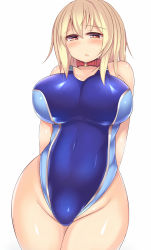  1girl arms_behind_back bare_shoulders blonde_hair blush breasts collar competition_swimsuit curvy female_focus groin highres kubiwa_(kutan) kutan large_breasts long_hair looking_at_viewer one-piece_swimsuit open_mouth original red_eyes simple_background solo standing swimsuit thick_thighs thighs wide_hips  rating:Sensitive score:47 user:danbooru