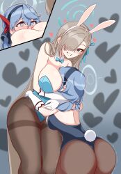  2girls absurdres ako_(blue_archive) asuna_(blue_archive) between_breasts breast_smother breasts face_to_breasts grin head_between_breasts heart highres large_breasts leotard medium_breasts multiple_girls pantyhose playboy_bunny rabbit_ears rabbit_tail smile trembling  rating:Questionable score:8 user:Gearbox1