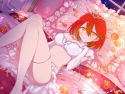  1girl barefoot bed bed_sheet bedroom blush body_blush bra breasts bridal_lingerie choker cleavage closed_mouth constellation_print detached_sleeves floral_print flower frilled_choker frilled_pillow frills gradient_hair hair_between_eyes highres indoors jewelry kureha_(senran_kagura) lace-trimmed_sleeves lace_trim large_breasts lingerie looking_at_viewer lying multicolored_hair navel night night_sky official_alternate_costume official_art on_back on_bed orange_eyes orange_flower orange_hair orange_petals orange_rose panties petals pillow red_hair red_petals revealing_clothes rose senran_kagura senran_kagura_new_link shiny_skin short_hair sky smile solo star_(sky) starry_sky thigh_strap tiara underwear white_bra white_choker white_panties white_sleeves yaegashi_nan 