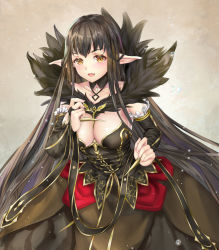  1girl :d between_breasts black_dress blush breasts bridal_gauntlets brown_eyes brown_hair clara_v cleavage collarbone commentary_request dress fang fate/apocrypha fate_(series) fingernails fur_trim hands_up large_breasts long_hair looking_at_viewer nail_polish open_mouth pink_nails pointy_ears semiramis_(fate) sleeveless sleeveless_dress smile solo spikes very_long_hair 