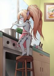  1girl apron ass back bare_shoulders barefoot blonde_hair blue_skin breasts closed_mouth colored_skin cooking eyebrows gluteal_fold interior kitchen league_of_legends loli long_hair long_pointy_ears mittens naked_apron nickbeja pink_apron pointy_ears poppy_(league_of_legends) red_eyes short_twintails sideboob small_breasts solo stool stove tagme twintails yordle  rating:Questionable score:108 user:cdcdcdkkk1