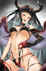  1girl :d absurdres asymmetrical_gloves bikini bikini_bottom_aside black_bikini black_gloves black_hair black_hairband black_thighhighs blunt_bangs blush breasts censored clothing_aside commentary_request covered_erect_nipples demon_horns drop_earrings earrings elbow_gloves feathered_wings frilled_hairband frills gloves granblue_fantasy hairband highleg highleg_bikini highres horns jewelry large_breasts looking_at_viewer magus_(granblue_fantasy) mismatched_gloves mochi-jun mosaic_censoring naughty_face navel open_mouth pussy pussy_juice red_gloves single_elbow_glove single_thighhigh smile solo sweat swimsuit thighhighs two-tone_gloves untied_bikini_bottom wings  rating:Explicit score:28 user:danbooru