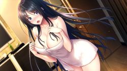  1girl bare_arms black_hair blue_eyes blurry blurry_background blush boku_to_kanojo_no_kojin_lesson breasts collarbone dutch_angle embarrassed floating_hair game_cg hair_between_eyes hinazuka_ryou large_breasts long_hair looking_at_viewer naked_towel open_mouth reflection solo standing straight_hair towel tsukimori_misaki very_long_hair wet wet_hair wooden_floor 