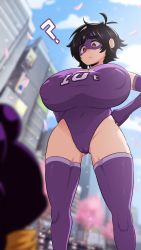  10-ton 1boy 1girl ? absurdres antenna_hair black_hair blurry blurry_background blurry_foreground boku_no_hero_academia breasts building cameltoe city cleavage_cutout cleft_of_venus clenched_hands clothing_cutout commentary depth_of_field elbow_gloves english_commentary from_behind from_below frown gloves gluteal_fold greatm8 hand_on_own_thigh highres huge_breasts impossible_clothes leotard mineta_minoru navel outdoors petals photoshop_(medium) puffy_nipples purple_gloves purple_legwear purple_leotard purple_mask road short_eyebrows short_hair skin_tight skindentation skyscraper source_filmmaker_(medium) thick_eyebrows thigh_gap thighs 
