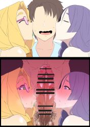 1boy 2girls blonde_hair censored cooperative_fellatio decent_and_indecent fate/grand_order fate_(series) fellatio ffm_threesome glasses group_sex heart heart-shaped_pupils kiss kissing_penis ky. large_penis lipstick lipstick_mark looking_at_penis makeup minamoto_no_raikou_(fate) multiple_girls netorare oral penis penis_awe quetzalcoatl_(fate) stray_pubic_hair symbol-shaped_pupils threesome rating:Explicit score:429 user:jojosstand
