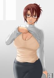 1girl bra bra_visible_through_clothes breasts brown_eyes brown_hair cleavage clothes_lift cushion futon_suki glasses jewelry large_breasts lingerie miniskirt necklace original pencil_skirt shirt shirt_lift skirt solo sweat sweater taut_clothes taut_shirt teacher turtleneck undershirt underwear zabuton rating:Questionable score:59 user:danbooru