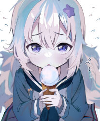 1girl blue_archive blush commentary_request dio_nand flying_sweatdrops highres holding_food holding_ice_cream ice_cream ice_cream_cone long_hair long_sleeves looking_at_viewer open_mouth pleated_skirt purple_eyes reisa_(blue_archive) sailor_collar shirt skirt solo star_(symbol) white_hair rating:General score:8 user:danbooru