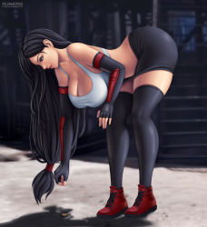 1girl ass bare_shoulders bent_over black_hair black_skirt black_thighhighs boots breasts brown_eyes cleavage coin collarbone commentary elbow_gloves final_fantasy final_fantasy_vii flowerxl gloves huge_breasts long_hair parted_lips red_footwear shirt skirt solo tank_top thick_thighs thighhighs thighs tifa_lockhart very_long_hair white_shirt rating:Sensitive score:85 user:danbooru