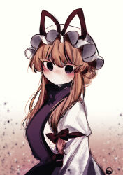  1girl absurdres blonde_hair blush bow commentary dress from_side hair_bow hat hat_ribbon highres long_hair long_sleeves looking_at_viewer looking_to_the_side mob_cap purple_tabard red_bow red_ribbon ribbon solo symbol-only_commentary tabard tohou89 touhou upper_body white_dress white_hat yakumo_yukari 