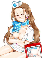 1girl ace_attorney ace_attorney_investigations ascot breast_slip breasts brown_hair cammy_meele capcom cellphone crossed_arms downblouse drooling earrings closed_eyes female_pubic_hair flight_attendant jewelry large_breasts long_hair nipple_slip nipples no_bra no_panties one_breast_out open_clothes open_shirt phone pubic_hair saliva sato_iori scarf shirt sleeping solo travel_attendant uniform wardrobe_malfunction rating:Questionable score:60 user:danbooru